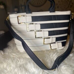 Black and White Shoulder Bag with Decorative Buckles
